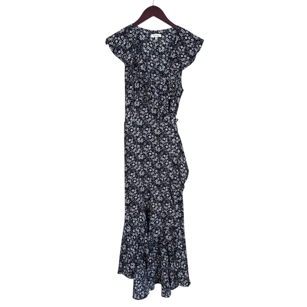 Max Studio Floral Ruffle Maxi Wrap Dress Black White Boho Cottagecore Coquette